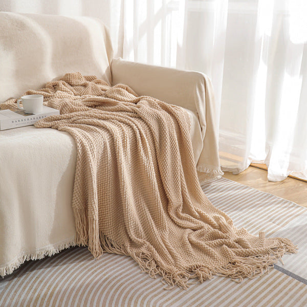 Khaki Premium Woven Knitted Throw Blanket With Tassels | Soft Cozy Sofa & Bed Perfect For Office Or Afternoon Naps 127X172cm Throws & Afghans