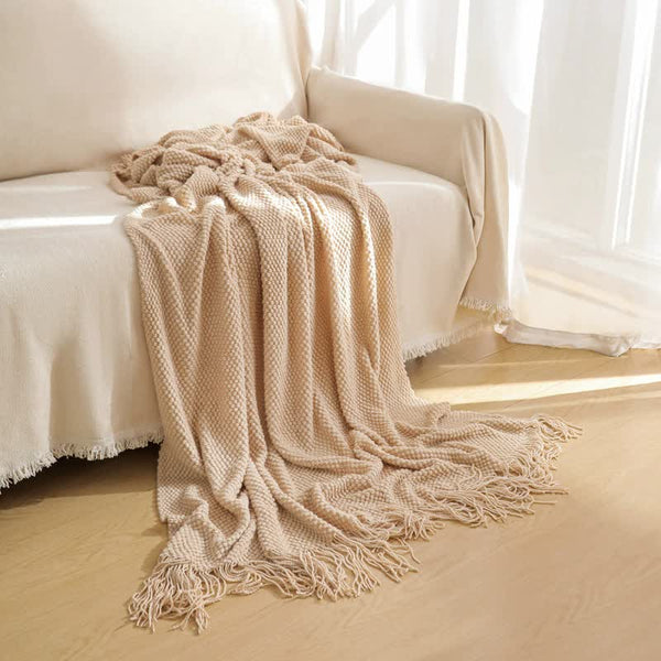 Khaki Premium Woven Knitted Throw Blanket With Tassels | Soft Cozy Sofa & Bed Perfect For Office Or Afternoon Naps 127X172cm Throws & Afghans