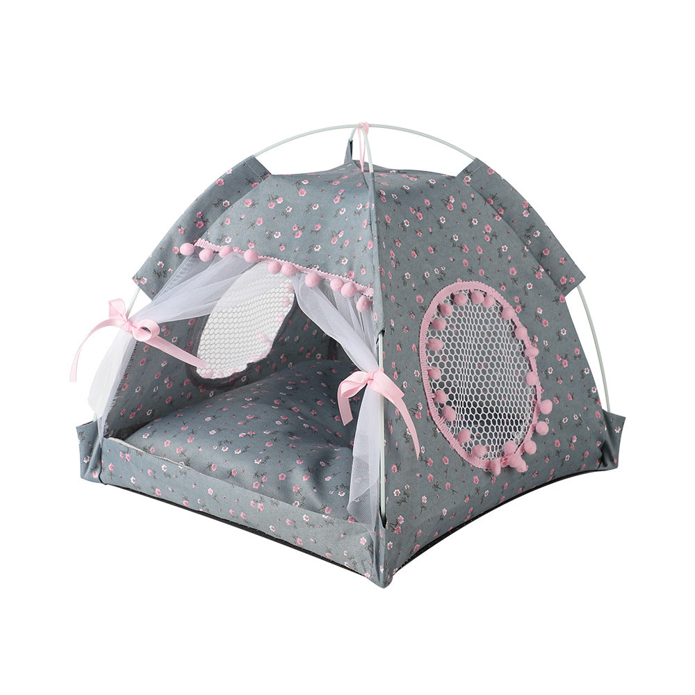 Gray Floral Folding Pet Tent Summer Cat & Dog Shelter With Mesh Lightweight And Breathable Ideal For Travel Home Use 35X35x30cm Dog Kennels
