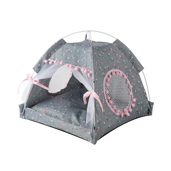 Gray Floral Folding Pet Tent Summer Cat & Dog Shelter With Mesh Lightweight And Breathable Ideal For Travel Home Use 50X50x45cm Dog Kennels