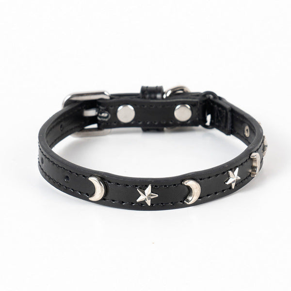 3 Pcs Black Stylish Pu Leather Pet Collar Anti Loss Puppy Bell Star & Moon Design Width 1.2Cm Total Length 35Cm Dog Collars