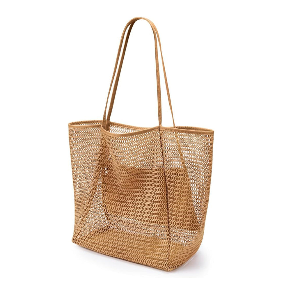 2 Pcs Khaki Casual Mesh Tote Bag Shoulder For Beach & Travel 35X17x37cm Women's Bags & Handbags
