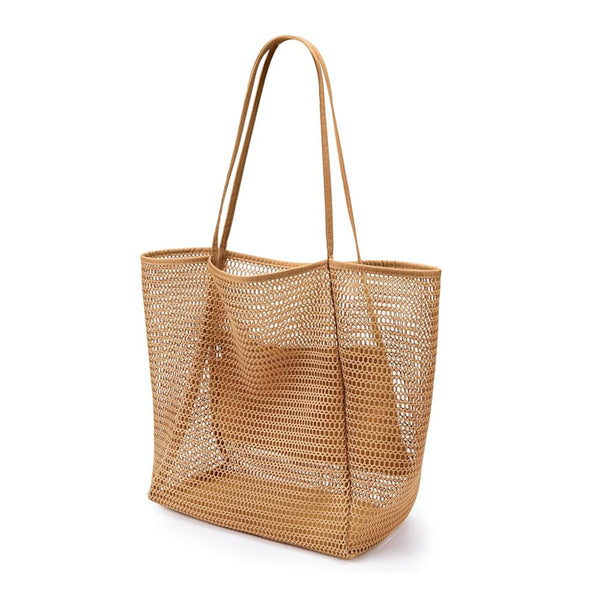 2 Pcs Khaki Casual Mesh Tote Bag Shoulder For Beach & Travel 35X17x37cm Women's Bags & Handbags