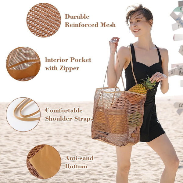 2 Pcs Khaki Casual Mesh Tote Bag Shoulder For Beach & Travel 35X17x37cm Women's Bags & Handbags