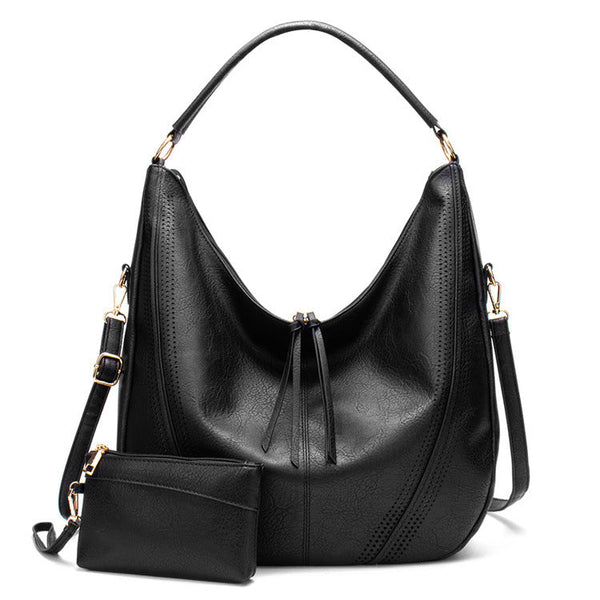 Black Faux Leather Hobo Bag Large Shoulder Tote W/Coin Purse Women's Bags & Handbags