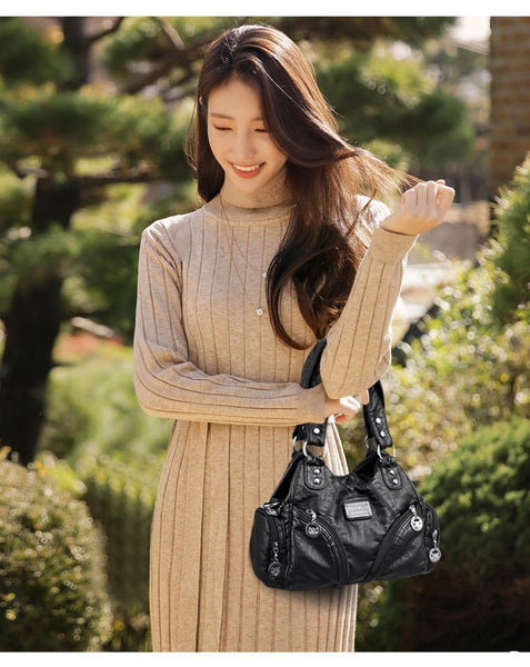 Black Soft Leather Biker Bag Shoulder Crossbody Handbag Other Motorcycle Clothing