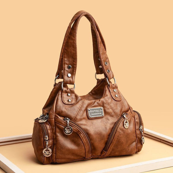 Elosung 1 Sets Of Brown Soft Leather Biker Bag Shoulder Crossbody Handbag Women's Bags & Handbags