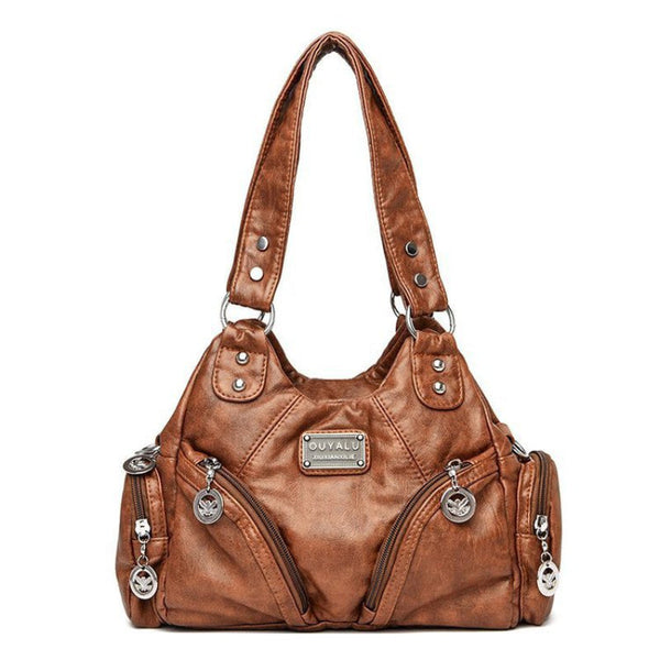 Elosung 1 Sets Of Brown Soft Leather Biker Bag Shoulder Crossbody Handbag Women's Bags & Handbags