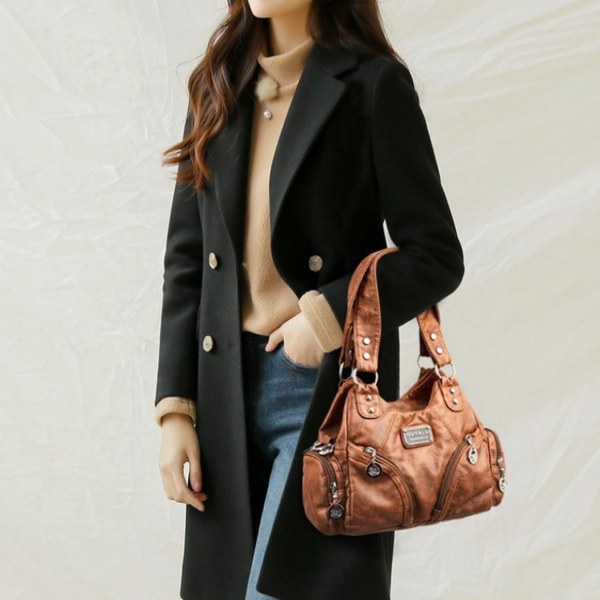 Elosung 1 Sets Of Brown Soft Leather Biker Bag Shoulder Crossbody Handbag Women's Bags & Handbags