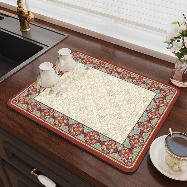 2 Pcs Red Patterns Kitchen Drying Mat Super Absorbent Dish And Cup Drainer Pad 30X40cm Kitchen Bench Mats