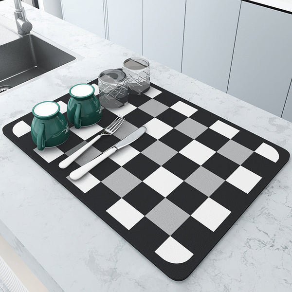 Black White Grids Kitchen Drying Mat Super Absorbent Dish & Cup Drainer Pad 40X50cm Kitchen Bench Mats