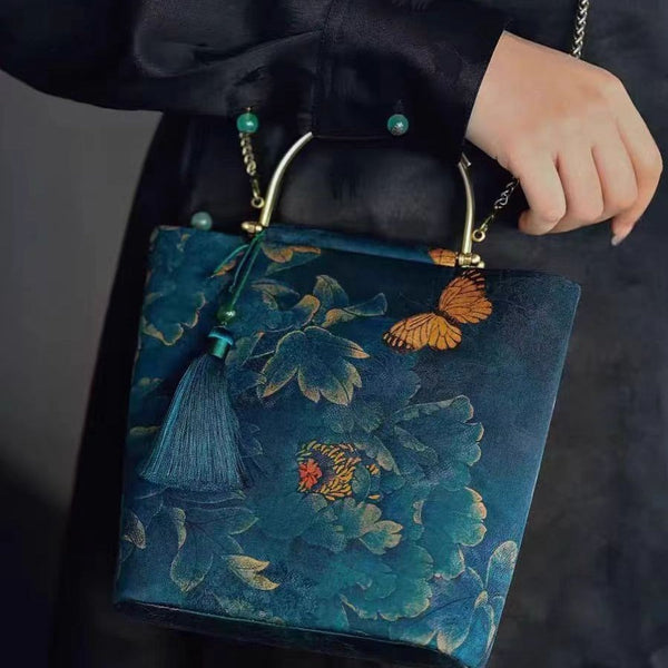 Modern Chinese Style Bucket Bag Embroidered Handbag With Tassel 19X23x10cm Women's Bags & Handbags