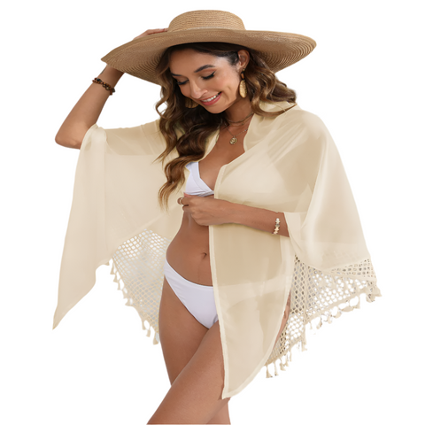 Women's Mesh Detail Beach Wrap Tassel Trim Swim Cover Up 95 X 195Cm Dresses