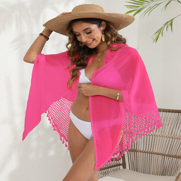 Women's Mesh Detail Beach Wrap Tassel Trim Swim Cover Up 95 X 195Cm Dresses
