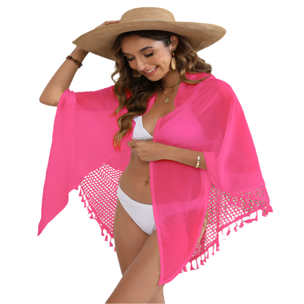 Women's Mesh Detail Beach Wrap Tassel Trim Swim Cover Up 95 X 195Cm Dresses