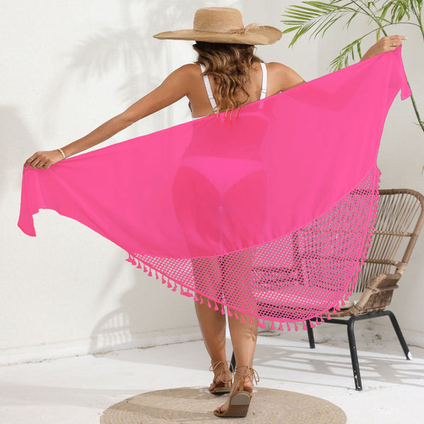 Women's Mesh Detail Beach Wrap Tassel Trim Swim Cover Up 95 X 195Cm Dresses