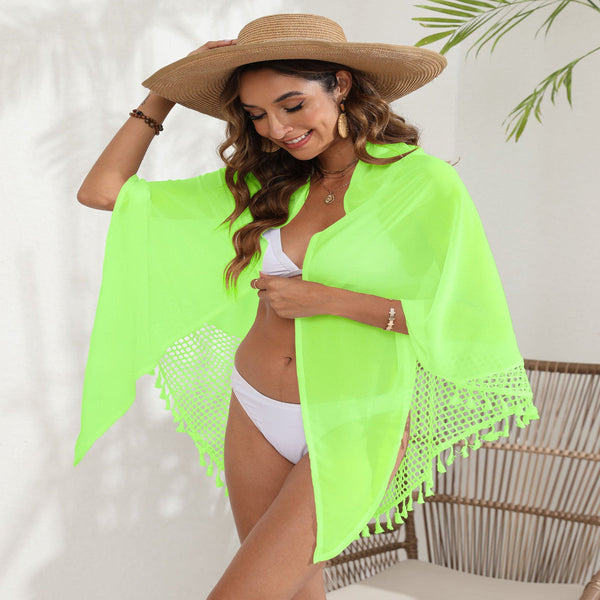 Women's Mesh Detail Beach Wrap Tassel Trim Swim Cover Up 95 X 195Cm Dresses