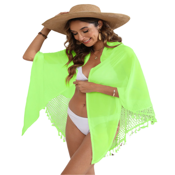Women's Mesh Detail Beach Wrap Tassel Trim Swim Cover Up 95 X 195Cm Dresses
