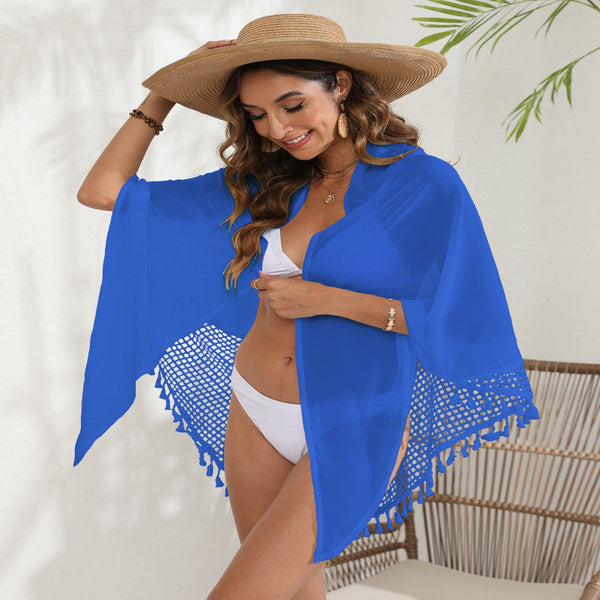 Women's Mesh Detail Beach Wrap Tassel Trim Swim Cover Up 95 X 195Cm Dresses