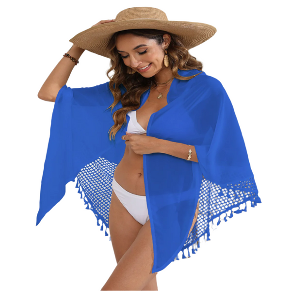 Women's Mesh Detail Beach Wrap Tassel Trim Swim Cover Up 95 X 195Cm Dresses