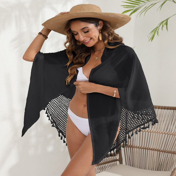 Women's Mesh Detail Beach Wrap Tassel Trim Swim Cover Up 95X195cm Swimwear