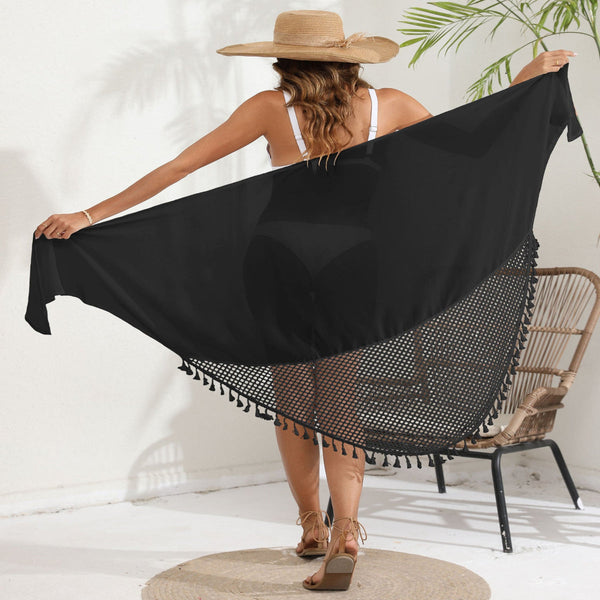 Women's Mesh Detail Beach Wrap Tassel Trim Swim Cover Up 95X195cm Swimwear