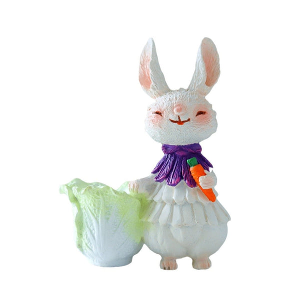 Purple Bunny With Vegetables Whimsical Garden Decor Easter Flower Pot Statue Seasonal Decorations