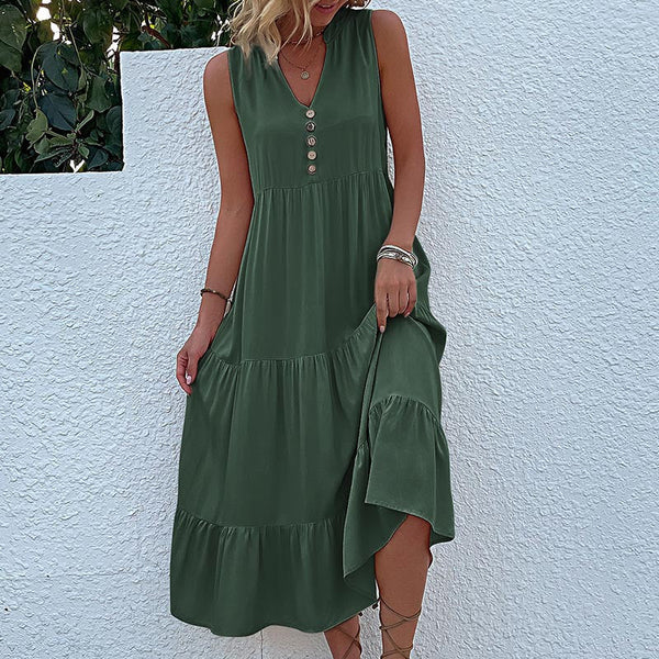 Green Flowy Sleeveless Midi Dress Solid Sundress With Decorative Buttons Size Dresses