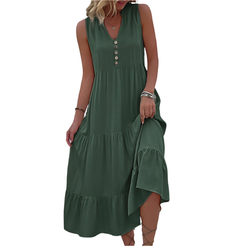 Green Flowy Sleeveless Midi Dress Solid Sundress With Decorative Buttons Size Dresses