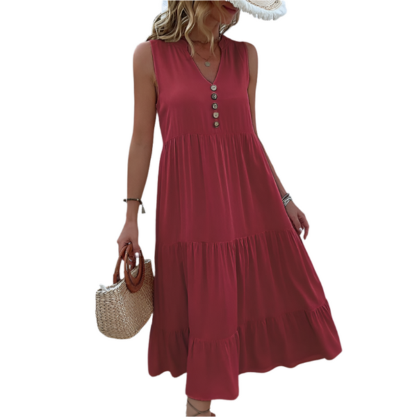 Apricot Flowy Sleeveless Midi Dress Solid Sundress With Decorative Buttons Size Xl Dresses