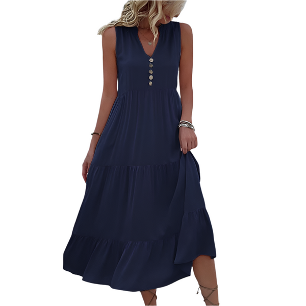 Elosung Apricot Flowy Sleeveless Midi Dress Solid Sundress With Decorative Buttons Size Xl Dresses