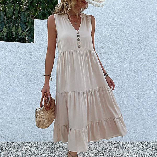 Apricot Flowy Sleeveless Midi Dress Solid Sundress With Decorative Buttons Size Dresses