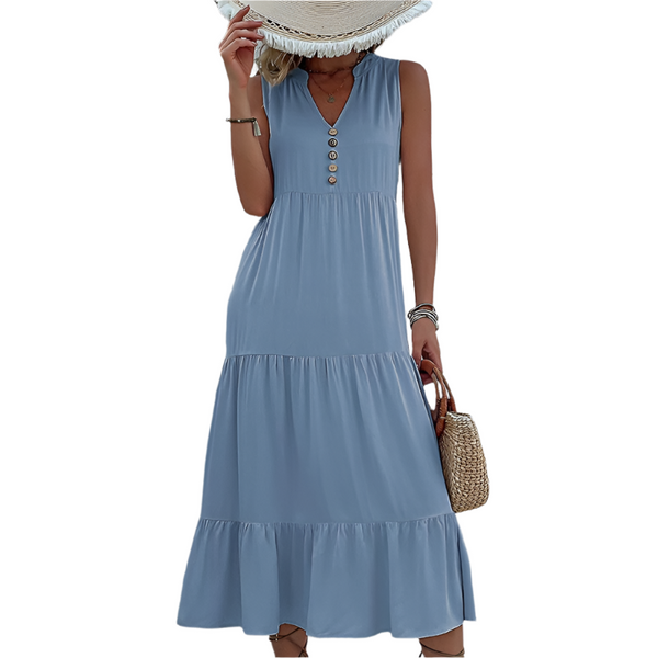 Apricot Flowy Sleeveless Midi Dress Solid Sundress With Decorative Buttons Size Dresses