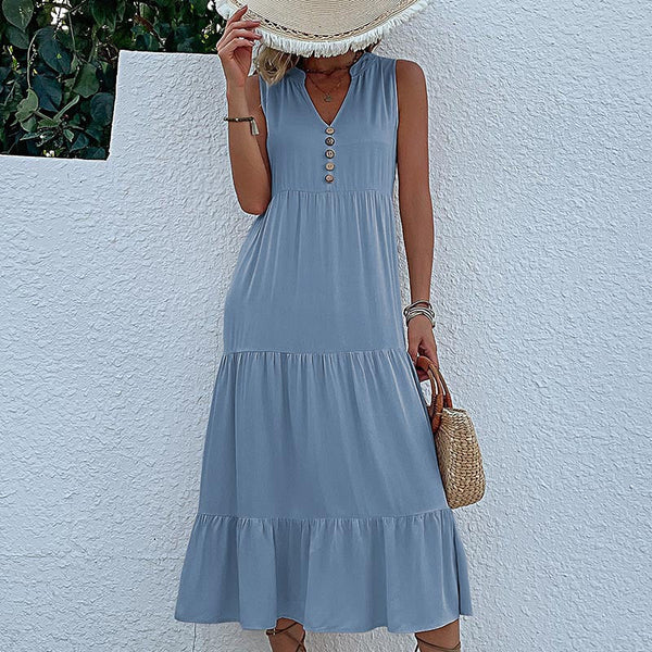 Light Blue Flowy Sleeveless Midi Dress Solid Sundress With Decorative Buttons Size Dresses