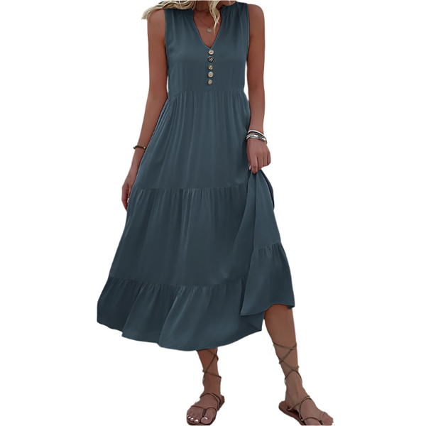 Elosung Apricot Flowy Sleeveless Midi Dress Solid Sundress With Decorative Buttons Size Xl Dresses