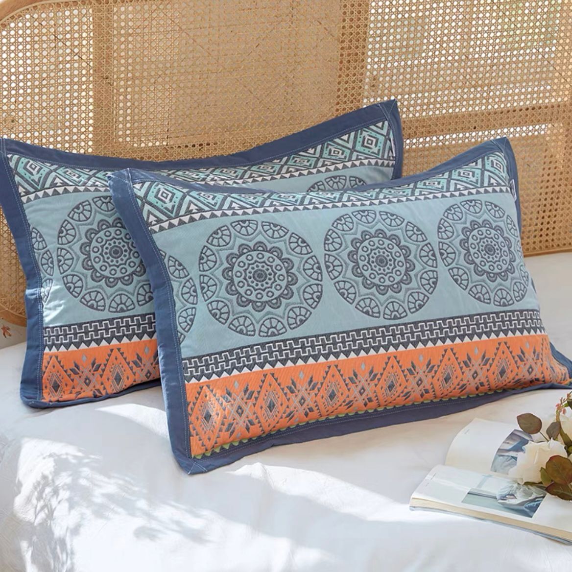 Elosung Blue Pattern Soft Cotton Gauze Pillowcase Set Breathable Non Slip Extra Large (Pillow Core Not Included)56X80cm Pillow Cases