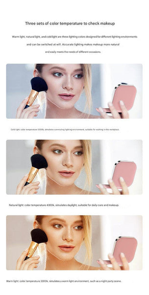 Black Led Makeup Mirror With Light Portable Folding Usb Rechargeable Compact 3 Color Lighting Makeup Mirrors