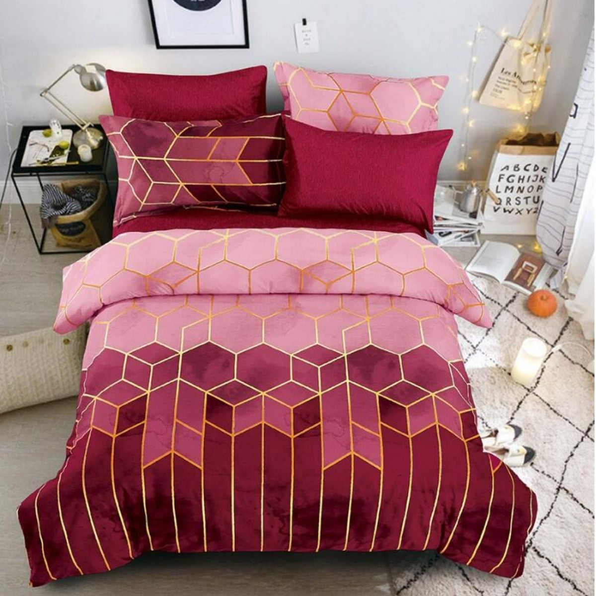 Elosung Geometric Print Duvet Cover 3 Piece Red Ombre Bedding Set Quilt 230X265cm Pillowcase 51X92cm Quilt Covers