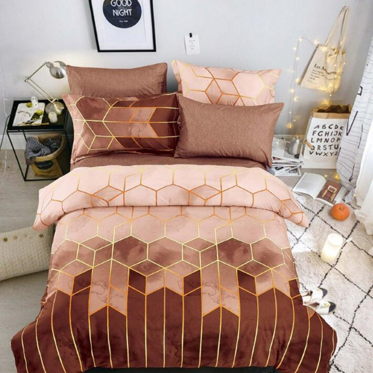 Elosung Geometric Print Duvet Cover 3 Piece Brown Ombre Bedding Set Quilt 230X230cm Pillow 51X76cm Quilt Covers