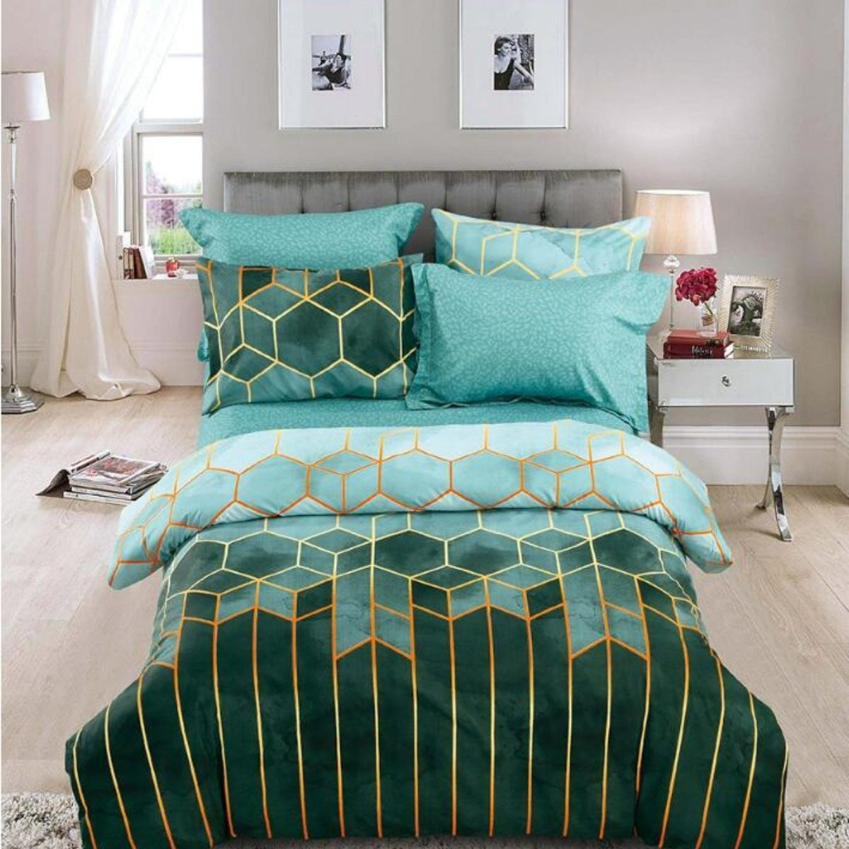Elosung Geometric Print Duvet Cover 3 Piece Green Ombre Bedding Set Quilt 230X265cm Pillowcase 51X92cm Quilt Covers