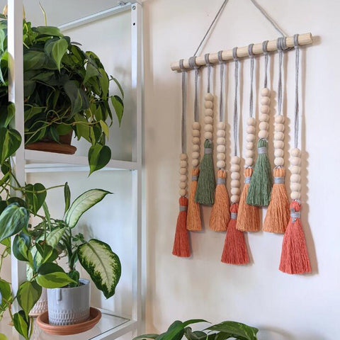 Colorful Tassel Wall Hanging Wooden Beads Boho Tapestry Home Decor (Daylily Red) Tapestries