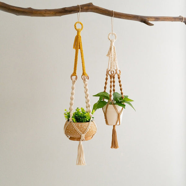 Elosung 2 Pcs Handwoven Plant Hanger Cotton Rope Hanging Planter With Wooden Rings Planters & Vases