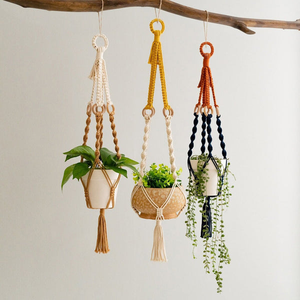 Elosung 3 Pcs Handwoven Plant Hanger Cotton Rope Hanging Planter With Wooden Rings Planters & Vases