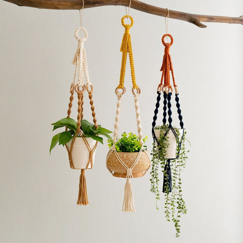 Elosung 3 Pcs Handwoven Plant Hanger Cotton Rope Hanging Planter With Wooden Rings Planters & Vases