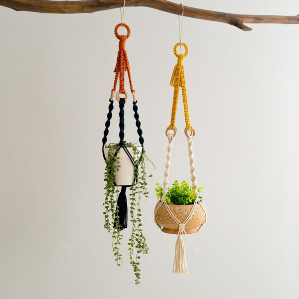 Elosung 3 Pcs Handwoven Plant Hanger Cotton Rope Hanging Planter With Wooden Rings Planters & Vases