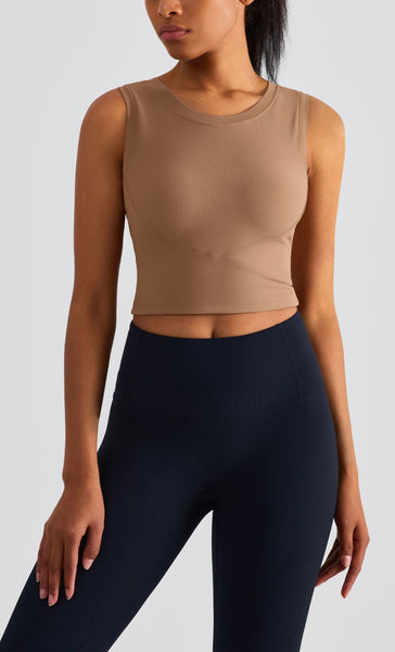 Fixed Cup Sports Bra With Cross Back Design Seamless Yoga For Women Brown Sports Bras