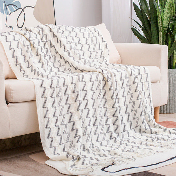 Elosung 130*180Cm White And Grey Modern Knitted Throw Blanket With Tassels Soft & Lightweight For Sofa Bed Office Throws & Afghans