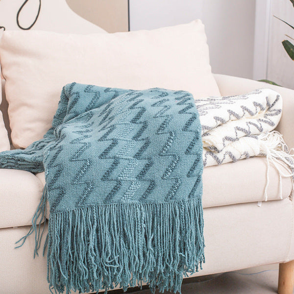 Elosung 130*230Cm Blue Modern Knitted Throw Blanket With Tassels Soft & Lightweight For Sofa Bed And Office Throws & Afghans