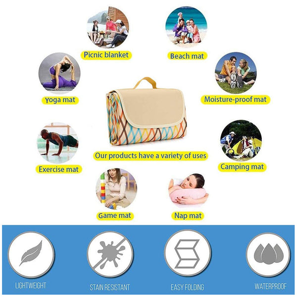 Yellow Stripes Stitching Premium Picnic Mat Extra Thick & Waterproof Oxford Cloth Camping Blanket 145X200cm Blankets