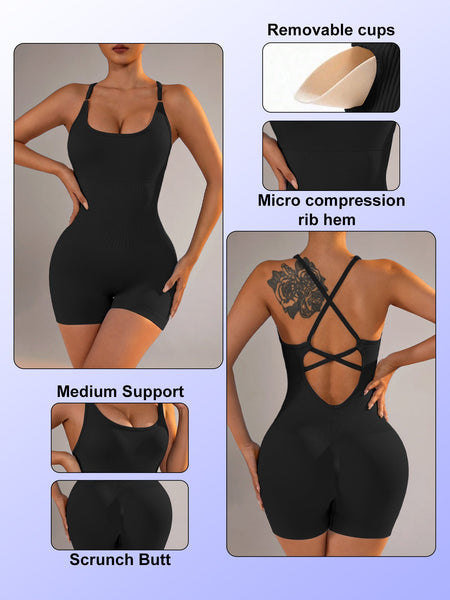 Size Black Nylon Seamless Yoga Bodysuit Women's Athletic Romper Crisscross Back Workout Jumpsuit Tracksuits & Sets